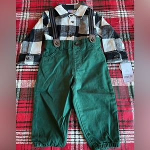 Carters outfit. Flannel onesie and green suspenders